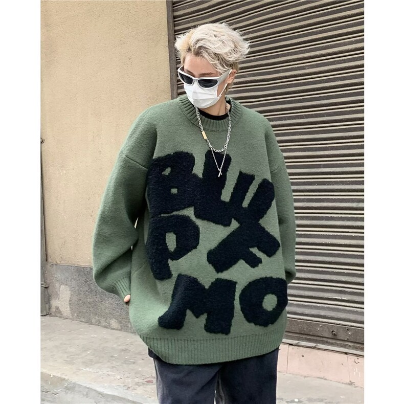 鹿毛绒美式圆领毛衣男慵懒风休闲针织衫 MY68 P50图片