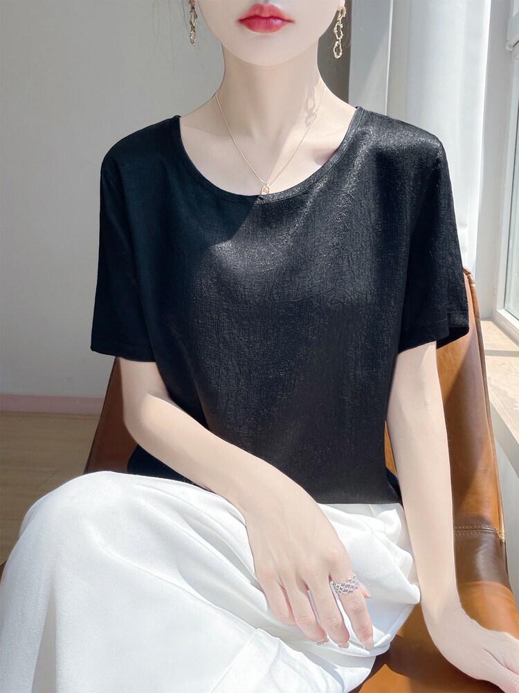 圆领新款针织女短袖纯色简约百搭宽松套头,针织衫/毛衣,绒宛羊绒