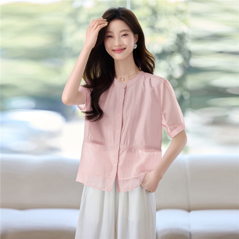 时尚短袖衬衫女夏季2025年新款妈妈减龄宽松气质圆领拼接小衫上衣,女装套装/套裙,木子恋