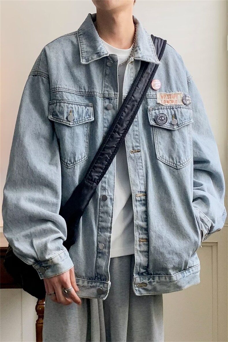 美式街头潮牌复古牛仔外套秋季款徽章宽松水洗男生休闲工装夹克,男装夹克,星座505-2（原电商A260-1)