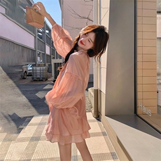 橘粉色轻薄系带衬衫套装裙女2025夏季新款别致漂亮半身裙两件套潮，女装套装/套裙，浙宝305