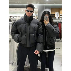 现货5W件冬季三防重磅硬挺boxy短款羽绒立领PU皮棉衣外套加厚棉服，男装棉衣，电商A486-1