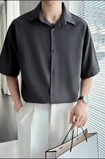 GS531P45夏季短袖衬衫日系港风冰丝垂感宽松纯色商务半袖衬衣男，男装衬衫，星座1108-5