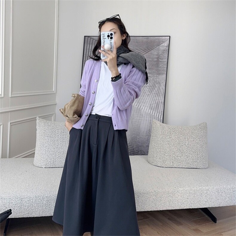 时尚百搭V领弹力羊毛开衫女款修身显瘦长袖针织衫外套,女装羊毛衫,泰沅羊绒