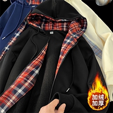 毛毯风格子开衫连帽卫衣宽松2026冬季潮牌加绒外套A436-117-P60，男装卫衣，电商A436