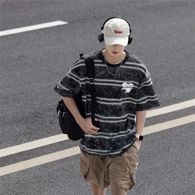 2025夏季新款经典条纹爱心印花宽松男士短袖T恤T1049/P55控79,男装T恤,电商A148