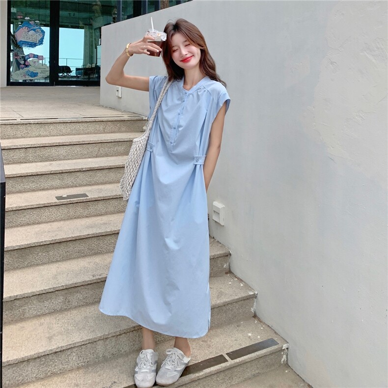 浅蓝色无袖衬衫连衣裙女2025夏季新款法式温柔风宽松减龄气质长裙,女装连衣裙,维壹