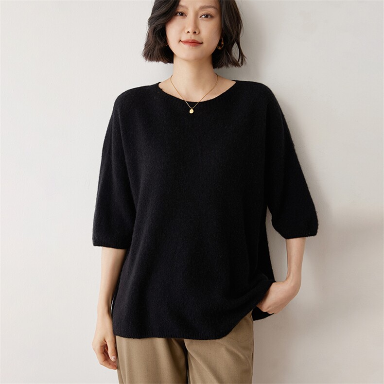 轻柔软糯~baby小山羊绒针织短袖女圆领宽松毛衣五分袖打底衫新款,女装羊绒衫,雪山红莲