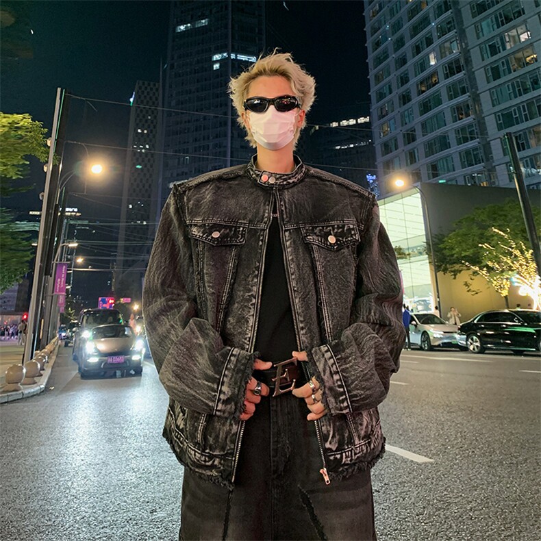 【自家图】现货春季美式毛边牛仔外套欧美街头垫肩复古短款夹克,男装工装外套,星座301D-2(原星座1004-1）