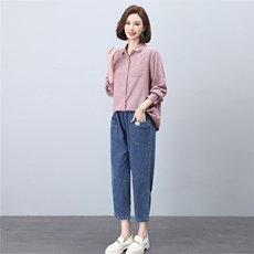 时尚休闲女装套装粉色衬衫搭配牛仔裤显瘦百搭两件套，女装套装/套裙，叶笙衣