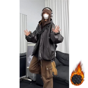 网图慎用连帽防水加厚皮衣男宽松皮棉衣棉服男女同款 M8008-P105图片
