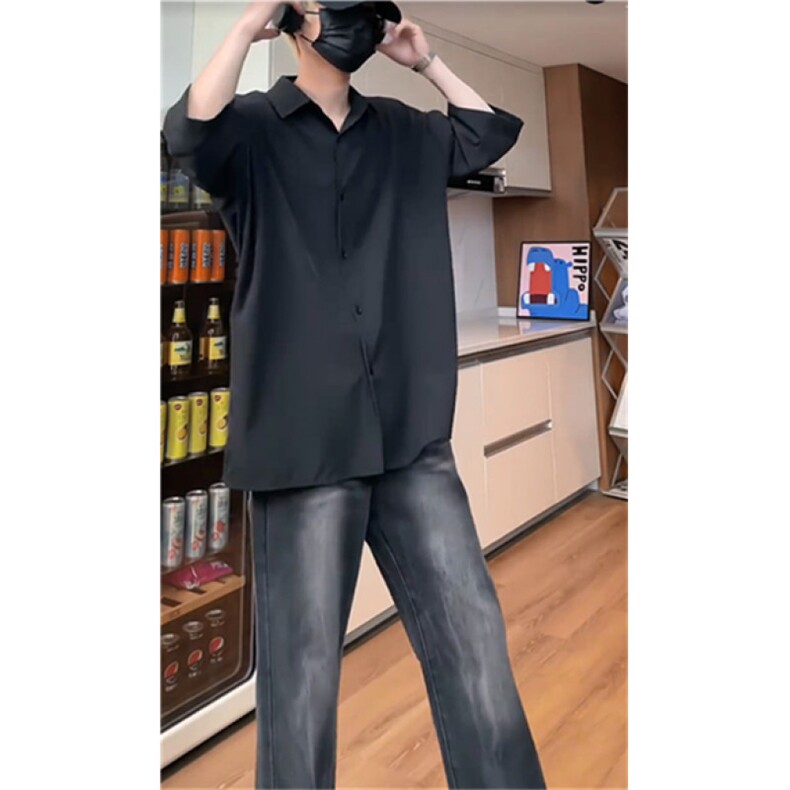 夏季冰丝短袖衬衫男女黑色宽松百搭学院风衬衣C1122-特P23，男装T恤，电商D202-1