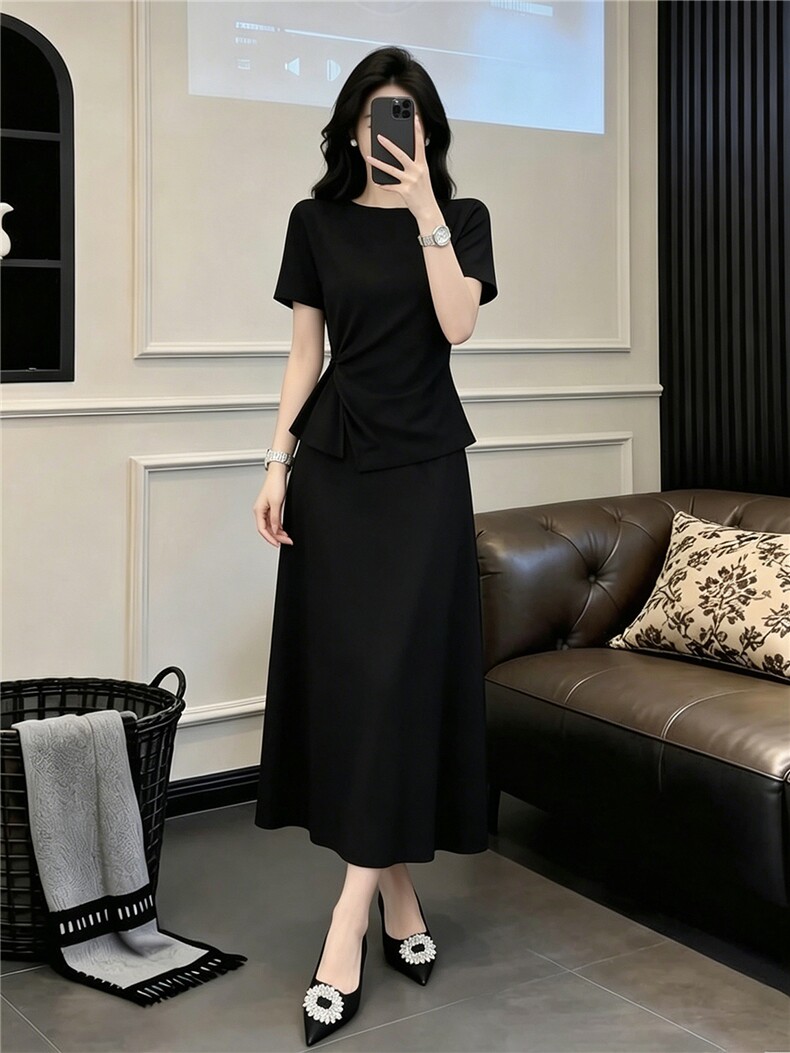 设计感时尚休闲套装裙女夏修身显瘦圆领扭结设计上衣半身裙两件套,女装套装/套裙,江南