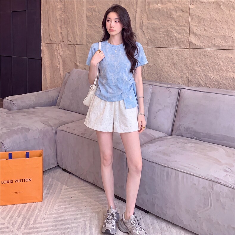 女夏新款时尚减龄套装圆领侧绑带晕染设计短袖上衣蕾丝短裤两件套,女装套装/套裙,江南