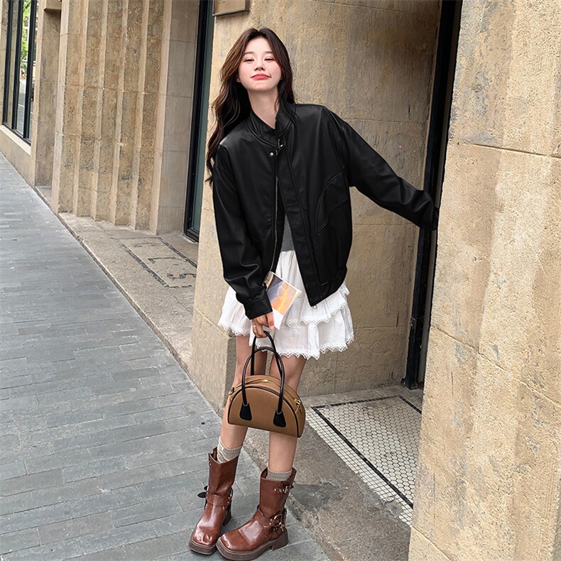 美拉德咖色短款皮衣外套女春秋2025新款高级感复古宽松休闲小夹克,女装皮衣,帛锦泉