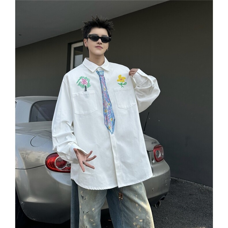 2025春季新款长袖涂鸦衬衫手绘设计衬衣D328-C9905-P55特,男装衬衫,电商D328