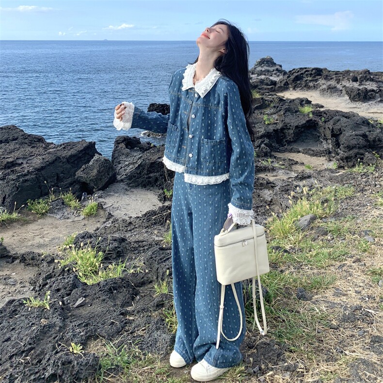 蓝色蕾丝花边牛仔衬衫套装女2025秋季新款学院风休闲阔腿裤两件套图片