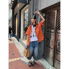 网图有货美式复古橙色格纹短袖衬衫男女A596-短袖P27长袖P30，男装T恤，星座1505