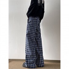美式高街潮牌男女泡泡格子休闲裤直筒宽松慵懒显瘦阔腿休闲长裤子，男装休闲裤，电商A443