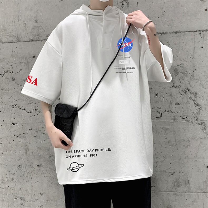 LD54243-P45NASA连帽短袖t恤男大码胖子带帽五分袖中袖,男装T恤,电商A040