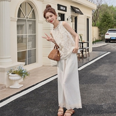 现货可推2025夏装新款气质棉麻拼接蕾丝网纱垂感透气两件套裤女，女装套装/套裙，苗苗