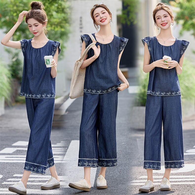 现货！夏季新款套装女2025时尚气质优雅减龄牛仔刺绣两件套装,女装套装/套裙,涵墨