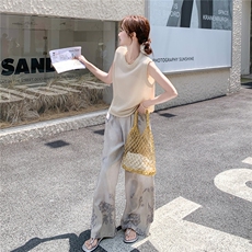 松弛感慵懒风两件套女2025夏新款休闲时尚针织背心印花阔腿裤套装，女装套装/套裙，2C166