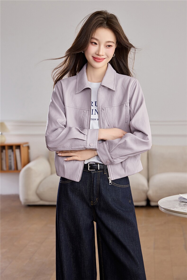 现货BAO款海宁皮衣外套女款2026新款短款春秋高级感小个子皮夹克,女装皮衣,跑量工厂店