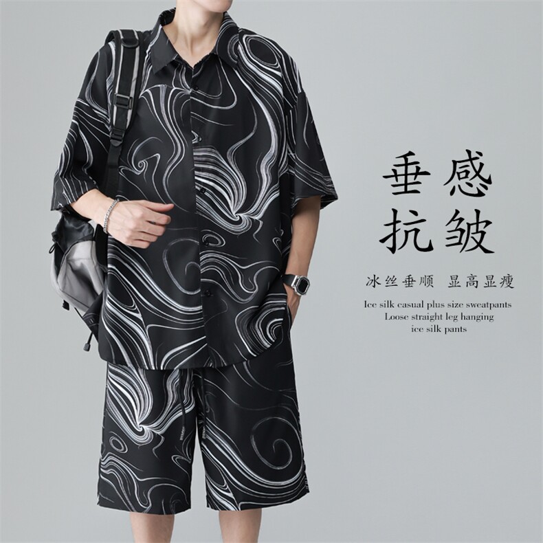 夏季大码凉感冰丝短袖衬衫短裤男垂感透气休闲两件套装TZ091-P60图片