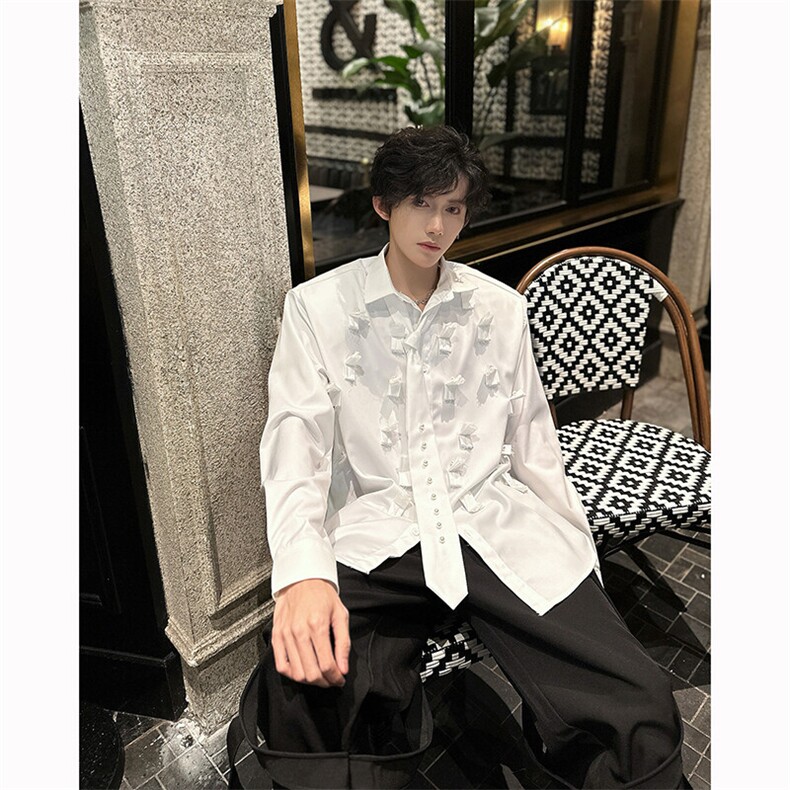 现货25设计感重工男士钉珠领带白色衬衫cs123-p118,男装衬衫,电商B288