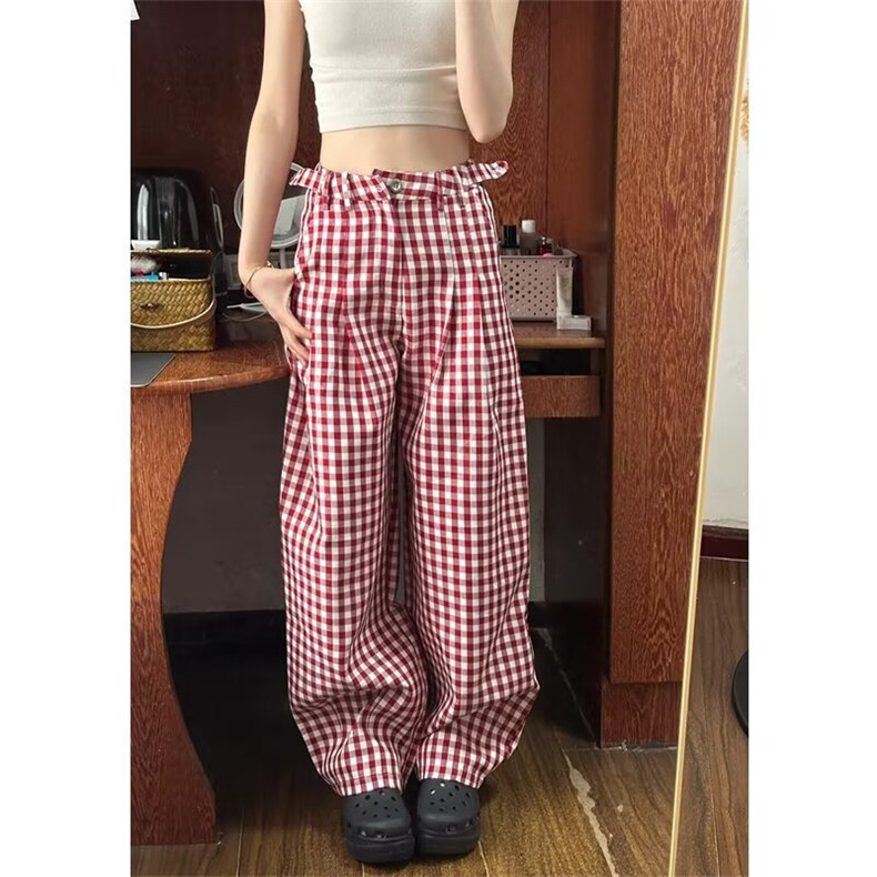 美式红色格子休闲裤女2025新款夏季薄款宽松直筒阔腿显瘦拖地裤子图片