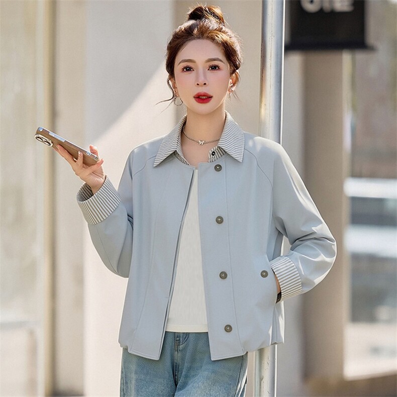 （现货）假两件条纹拼接翻领外套女新款流行气质减龄百搭上衣,女装短外套,韩蔻秀