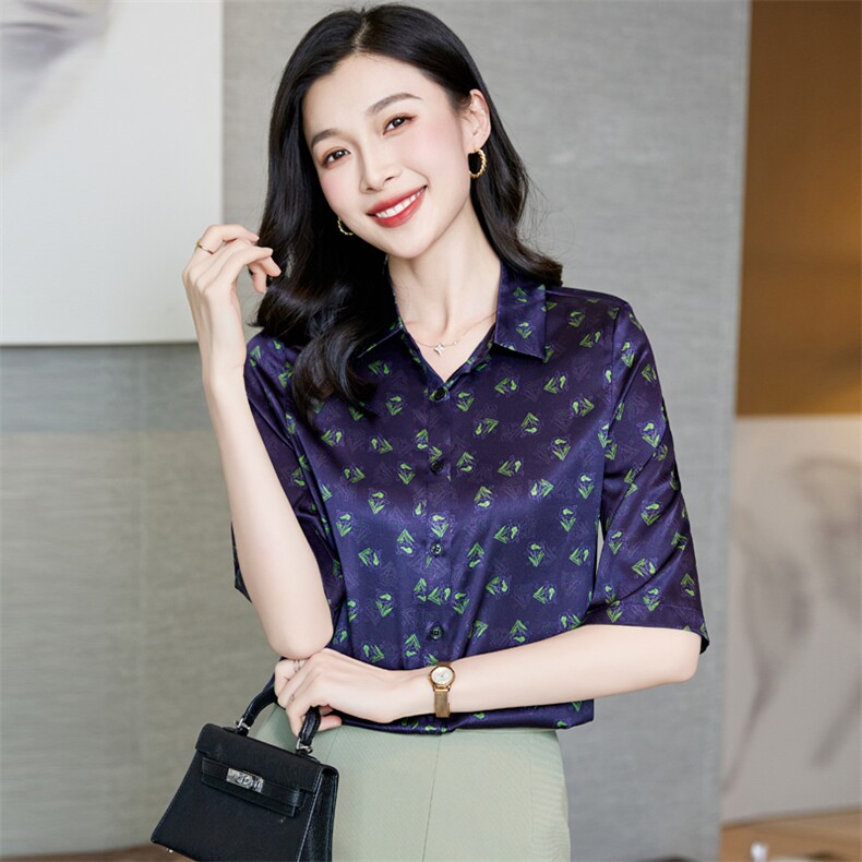 夏装真丝衬衫女士短袖桑蚕丝衬衣上衣花色半袖中袖宽松大码妈妈装,女装衬衫,阿舍尔精品