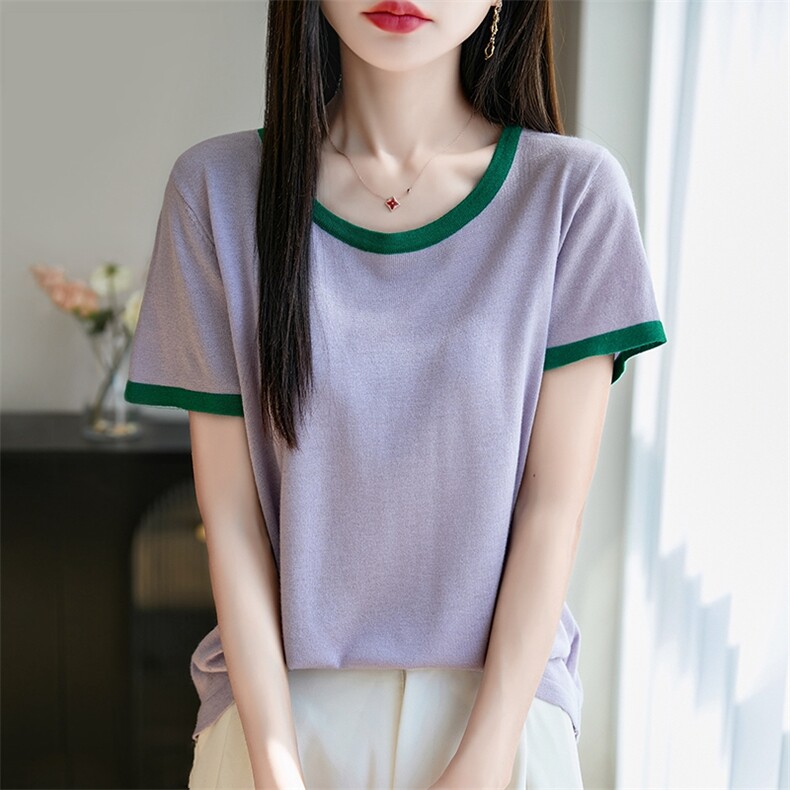 拼色圆领精纺桑蚕丝羊毛针织短袖T恤女夏季新款宽松半袖上衣打底,女装T恤,暖烁特种纱工厂店