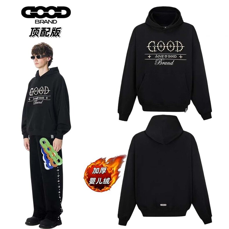 1506-1/W9161图1/P79秋冬加绒加厚十字珍珠标语连帽卫衣外套男女，女装短外套，星座1506-1