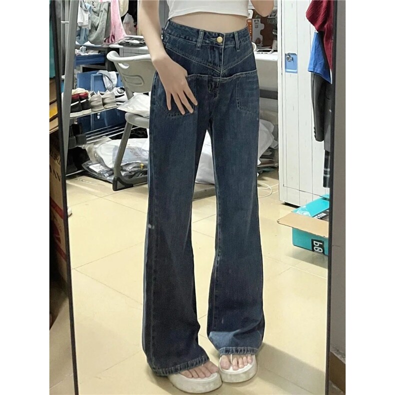 蓝色复古牛仔裤女小个子夏季新款宽松阔腿百搭显瘦微喇叭长裤子潮，男装牛仔裤，星座506A