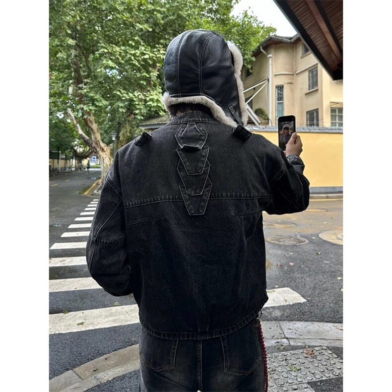 NihilismNH‘外骨骼脊柱’结构做旧重水洗活页机车短宽牛仔夹克,男装夹克,星座1210-1