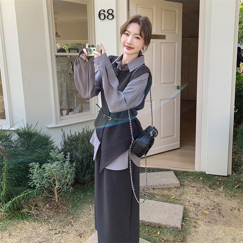 设计感衬衫马甲时尚套装女2025春季新款轻奢高级感半身裙三件套装,女装套装/套裙,2C051