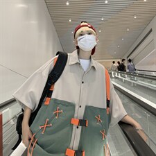 夏季美式工装衬衫潮牌ins短袖潮流宽松假两件半袖T恤W3434-P52，男装衬衫，星座512-2