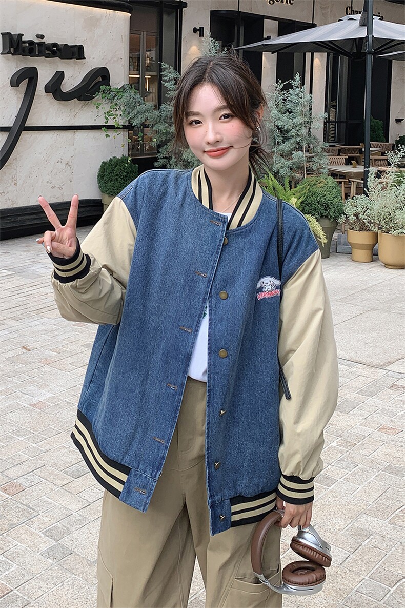 美式复古休闲夹棉牛仔外套女春秋季宽松百搭bf慵懒风棒球服夹克潮,女装牛仔外套,天使之佳话
