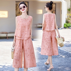 【现货】2024年夏季新款提花无袖阔腿裤套装女，女装套装/套裙，贵人树