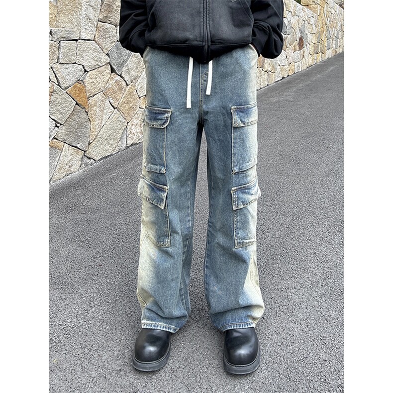 B221美式ins高街重工艺宽松做旧工装牛仔裤子LK23143-P80控108,男装牛仔裤,电商B221