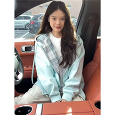 【有货】DGXA1165-批60美式复古格子拼接连帽卫衣女秋冬重磅外套，女装短外套，星座603-2