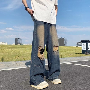 2025秋复古破洞牛仔裤男宽松嘻哈街头高街百搭阔腿长裤NZ091-P50图片