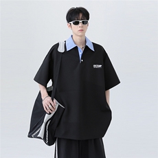 翻领假两件拼接条纹潮牌痞帅炸街少年感短袖POLO衫T603-P48，男装Polo衫，电商C307
