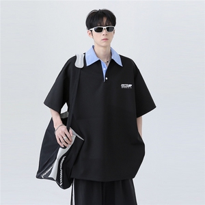 翻领假两件拼接条纹潮牌痞帅炸街少年感短袖POLO衫T603-P48图片