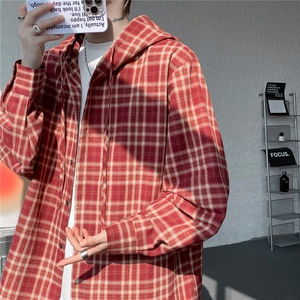 连帽格子衬衫男春季宽松大码慵懒风复古潮牌格纹休闲外套CS29011