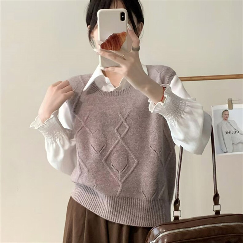 时尚百搭秋冬五针针织马甲女韩版简约个性宽松显瘦无袖背心外套,女装马甲,琳尚羊绒