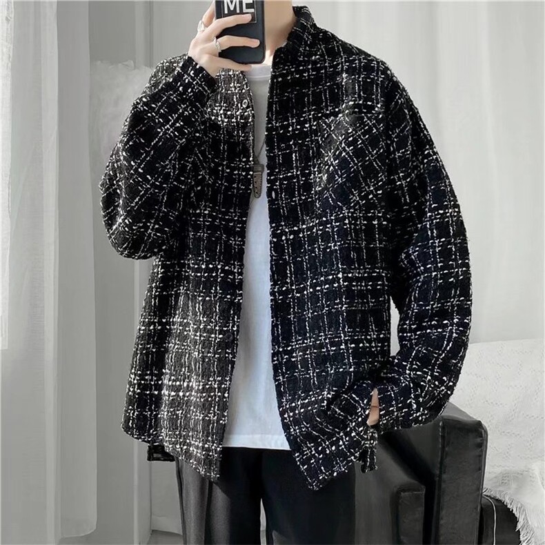 外套男潮牌衬衣宽松秋季高街夹克情侣装格子编织毛呢衬衫JKD213,男装夹克,星座516A