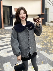 韩版学院风娃娃领毛呢白鸭绒外套女短款灰色气质减龄小个子羽绒服，女装羽绒服，艾米莉亚